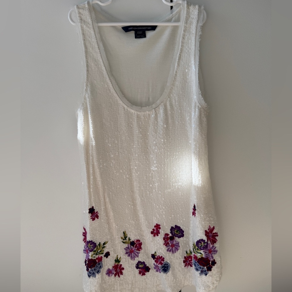 fcuk french connection white tank purple and pink floral sequin vest top sz 2